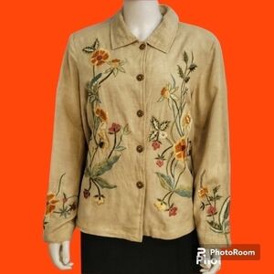 Vtg TAPESTRY PATCH Linen Floral Embroidered Decorative Button Down Shacket